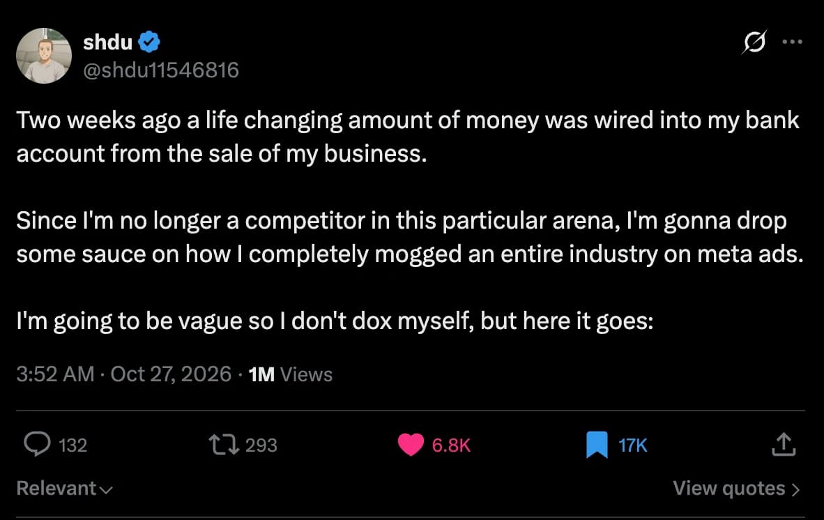 Opening X post by shdu, saying they sold a business and would explain how they used Meta ads